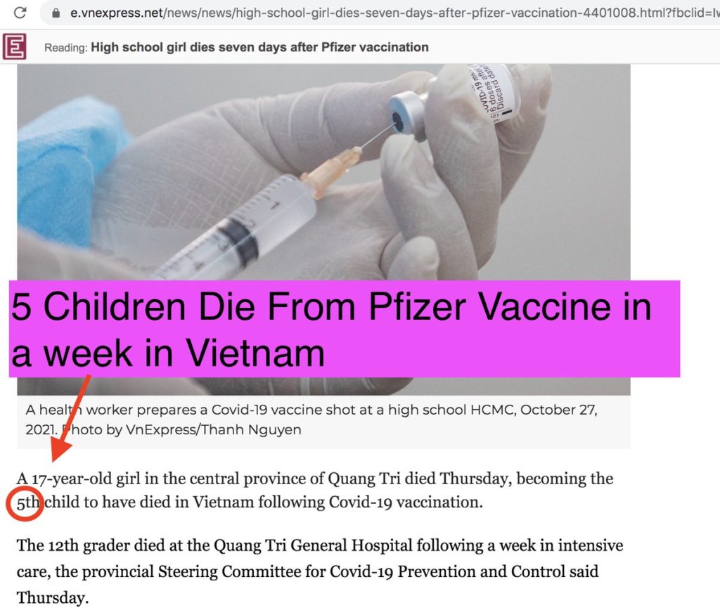 Pfizer kills 5 children in a week in Vietnam