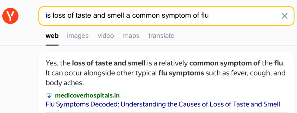 Yandex search Flu symptoms loss of taste and smell