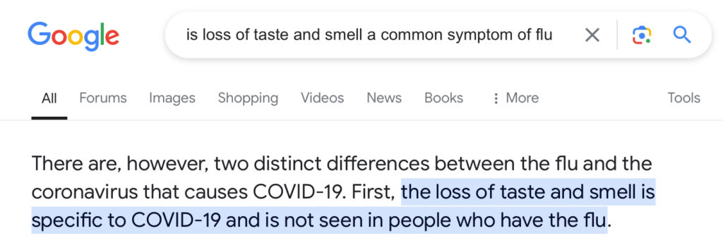 Yandex search shows Flu symptoms loss of taste and smell but google is propaganda