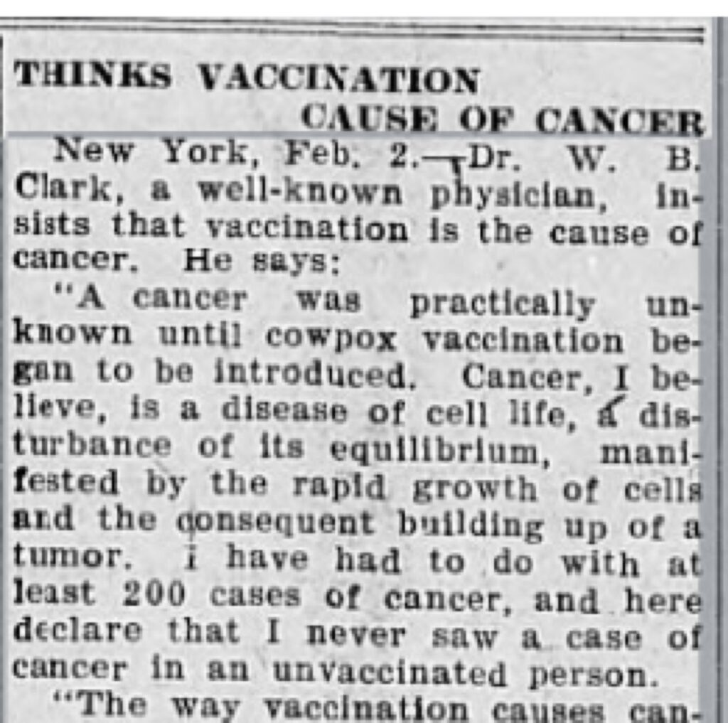 Vaccination believed to cause cancer a century ago